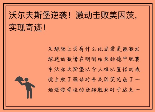 沃尔夫斯堡逆袭！激动击败美因茨，实现奇迹！